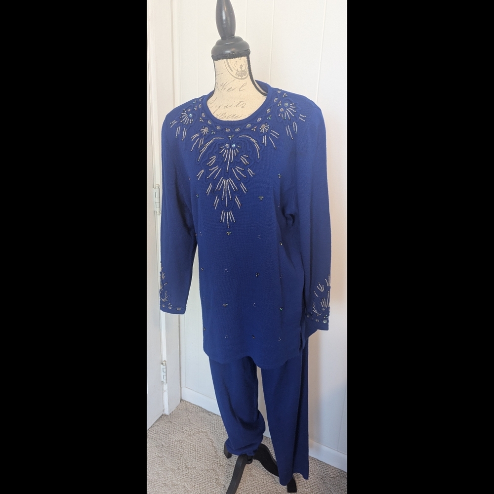 80's Beaded Tunic  Sweater Set Sideffects Medium Cobalt Blue Golden Girls